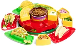 Nostalgia Taco Tuesday Heated Lazy Susan Taco Bar Serving Set for a Party with 4 Tortilla Holders, Fondue Pot for Burritos, Nachos, and Fajitas - 20 Oz. - Red