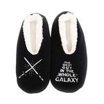 Splosh Men's Space Black Slippers - Medium adult space slippers with a fun black design to keep you warm in soft, comfy and fluffy slippers. Machine washable with non-skid soles.