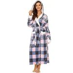 ccko Plush Robes For Women, Fleece Fuzzy Womens Robe,Soft Warm Women's Bathrobe with Hood for Bath Spa Shower House, Plaid Pink Blue, M