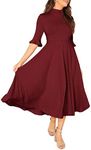 Verdusa Women's Elegant Ribbed Knit Bell Sleeve Fit and Flare Midi Dress Wine Red XL