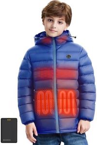 ORRNIKKO Kids Heated Jacket with Battery Pack - 7.4V Rechargeable Heating Hoodie Coat Boys Girls Lightweight Heated Clothing with Hood for Outdoor Activities, Winter Sport