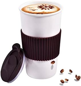 fMSDD Double Wall Insulated Takeaway Coffee Cup for Hot & Cold Beverage, Ceramic Travel Mug with Silicone Sleeve and Lid, Car Cup-Holder Friendly, 12 Ounce, Brown