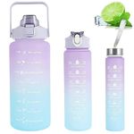 KRIVTEJ Water bottle set 3pcs 3 Bottle Pack Motivational Water Bottle with Straw Time Marker,Portable Water Cups for Sports, Fitness,2000ML 900ML 500ML(multi - color)