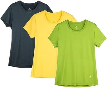 icyzone Workout Running Tshirts for Women - Fitness Athletic Yoga Tops Exercise Gym Shirts (Pack of 3) (Ombre Blue/Spectra Yellow/Green Glow, L)