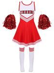 YOOJOO Cheer leader Costume for Girls Cheerleading Uniform Dress Outfit with Stockings 2 Pom Poms Red 10 Years