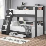 happybeds Wooden Bunk Bed, Orion Grey and White Triple Sleeper 3ft Single Top, 4ft Small Double Bottom Storage Drawer Frame Only