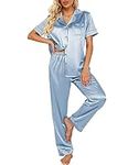 Ekouaer Silk Satin Pajamas Set Women Two-Piece Nightwear Short Sleeve Sleepwear Soft Button Down Loungewear Pjs Set