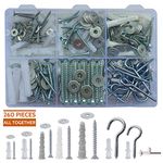 Jaset Innovations Multipurpose DIY Home Maintenance Kit - Assorted Wall Rawl Plugs/Gitti, Zinc Plated Chipboard Screw, Washers and Hooks with Storage Box - 260 pcs