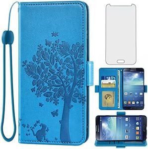 Asuwish Compatible with Samsung Galaxy S4 Wallet Case and Tempered Glass Screen Protector Flip Wrist Strap Card Holder Cell Phone Cover for Glaxay S 4 Gaxaly 4S Galaxies GS4 I9500 Women Men Blue