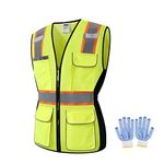 JKWEARSA Women Safety Vest, High Visibility Reflective Mesh Work Vest With Pockets And Zipper For Lady, Girl (Yellow-01,Large)