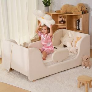 NAIZEA Toddler Bed,Upholstered Montessori Toddler Floor Bed Frame,Crib Size Low Profile Soft Kids Platform Bed for Boys & Girls,White
