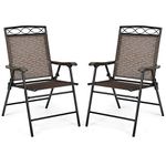 Giantex Set of 2 Patio Chairs, Outdoor Folding Lawn Chairs for Beach, Backyard, Deck, Patio Dining Chairs, Sling Chairs with Armrest and Metal Frame, Folding Camping Chairs (Brown)