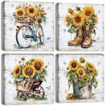 Sunflower Wall Art Country Cowboy Decor Rustic Farmhouse Sunflower Pictures Bicycle Boots Metal Tin Truck Painting for Bathroom Flower Canvas Artwork Bedroom Living Room Home Decoration 12x12" 4Pcs