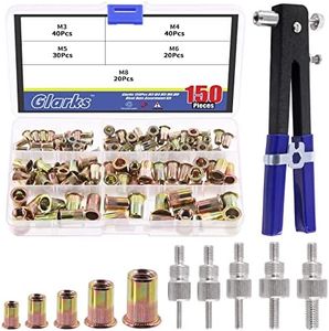 Glarks 156Pcs Rivet Nut Tool with Mandrel and Rivet Nut Kit, Threaded Insert Hand Riveter Nutsert Tool Rivet Gun with 5Pcs Metric Mandrels and 150Pcs Blind Rivet Nuts M3 M4 M5 M6 M8