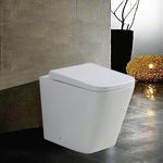 Modern Back to Wall Toilet White Ceramic BTW Bathroom WC Pan Soft Close Seat Square Flush to Wall Short Projection Toilet Concealed Pipework Compact Toilets for Cloakroom