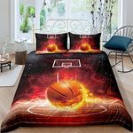 Eveone Duvet Cover Basketball Quilt Cover Single/Double/Queen/King Size Bed Sheets Pillowcase Set Cartoon Ball Boy Dunk Sport Fire Orange Game Black Kid Astronaut Bedding 3/4PCS (Single-140*210cm-3pcs,1)