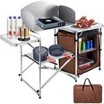 VBENLEM Camping Outdoor Kitchen 2-Tier Camping Kitchen Table with Zippered Bag Camping Table 2 Side Tables Camp Cook Table Portable Outdoor Camping Table for Outdoor Activities Brown Color