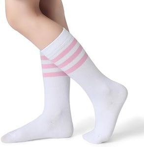 Pareberry Boys Girls Over the Calf Striped Tube Socks Cotton Soft Retro Athletic Knee High Soccer Socks for Kids Age 3-12 (US, Alpha, Large, Regular, C06-Pink/White)