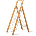 4 Step Ladder, RIKADE Folding Step Stool Lightweight Aluminum Foldable Ladder Safety Anti-Slip Wide Pedal and Handgrip Portable Step Stool for Household Kitchen Office, 330 lbs Capacity (Wood Grain)