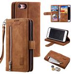 EYZUTAK Wallet Phone Case for iPhone XR, Retro Matte 9 Card Holder Slots Zipper Pocket Case PU Leather Magnetic Closure Kickstand with Wrist Strap Shockproof Folio Flip Case - Brown