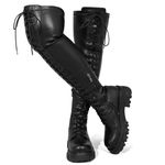 CouieCuies Black Thigh High Boots For Women Lace Up Platform Over The Knee High Boots Lug Sole Comfortable Stretch Boots