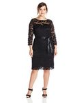 Marina Women's Plus Size 3/4 Sleeve Stretch Floral Lace Dress with Tiered Skirt - Black - 28W