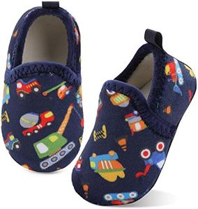 XIHALOOK Baby Boys Girls Cute Slippers Toddler Winter Warm House Shoes with Microfleece Lining Fuzzy Soft Slippers Navy Car, 3.5-4.5 Infant
