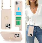 Lipvina for iPhone 14 Pro Max Case with Card Holder for Women,iPhone 14 Pro Max Phone Case with Strap,Crossbody Lanyard,Ring Stand,Snap Clasp,Cute Wallet Cases 6.7 inch (Beige)