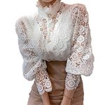 Women’s Elegant Lace Trim Shirts Casual Victorian Blouse Long Sleeve Button Down Tops, White, X-Large