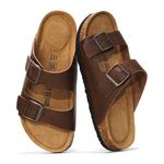 Project Cloud 100% Genuine Leather Flat Sandals For Women 2026 Cork Footbed Womens Sandals with Memory Foam and arch support Vacation Essentials Slides for Women Footwear (Venita), Brown Distressed