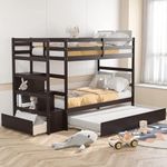 Giantex Twin Over Twin Bunk Bed with Trundle and Storage Stairs, Solid Wood Bunk Bed Convertible 3 Bed Frames for Bedroom Dorm, Versatile Bunk Beds for Kids Teens Adults, No Box Spring Needed, White