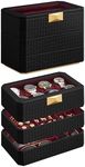 SONGMICS HOME RONNE Collection - 3-Tier Watch Box, Stackable 8-Slot Watch Case, Woven Embossed PU Leather, Floating Effect, Gift Idea, Ink Black Surface, Wine Red Lining UJWB021R01