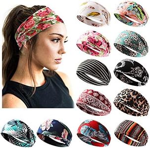 Jesries 12 Pack Headbands for Women Boho Printed Non Slip Hair Band Sport Yoga Running Elastic Sweat Hair Wrap for Girls