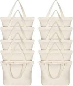Epakh 10 Pack Natural Tote Bag with Zipper Reusable Canvas Grocery Bag Blank Cotton Tote Bags with Handles Large Plain Shopping Totes for Women Men DIY Painting Crafting Multipurpose Totes Set, Beige,