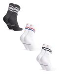 DANISH ENDURANCE Tennis Crew Socks, Cushioned Striped Sports Socks, Black Socks, Grey & White Socks, for Men & Women, 3Pack Multicolor (1xGrey/White, 1xWhite/Black, 1xRed/Blue Stripe), 3-5