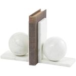 Deco 79 Marble Geometric Decorative Bookends Sleek Orb 12 lbs Non Skid Bookends with L- Shaped Bases, Set of 2 Office Bookends6 W, 7" H, White