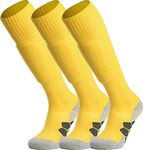 APTESOL Youth Soccer Socks Kids Knee High Team Sport Cushion Sock Women Men Long Tube Cotton Athletic Compression Socks (3-Pair Yellow,Medium)