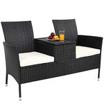 CASARIA® Polyrattan 2 Seater Garden Love Seat Bench | Integrated Table with Opening Storage Box | 7cm Cushions | Patio Balcony Cinema Furniture | 320kg Weight Capacity | 143x64x88cm