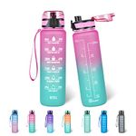 Polygon 32oz Motivational Water Bottle with Time Marker & Removable Strainer to Remind You Drink More Water, Fast Flow, Leakproof BPA Free Sport Water Bottle for Fitness and Outdoor(Light Pink/Green)