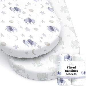Baby Bassinet Sheets for Boy, Girl (Watercolor Elephants) 2-Pack - Fitted Bedside Bassinet Sheets - Buttery Soft Cotton Blend for Standard Bassinet Mattress Pad - Compatible with Halo Bassinest