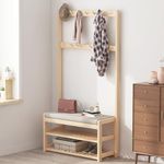 LEOPAX Bamboo Clothing & Shoe Garment Rack with 12 Hooks for Coat/Bags/Clothes with Shoe Storage Shelves | 3-in-1 Freestanding Bamboo Coat Rack with Shoe Bench - Beige, 70 X 31 X 172 cm