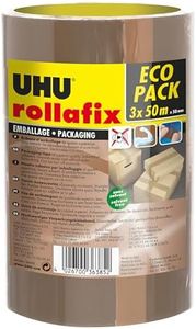 UHU Rollafix - Rubans adhésif d'emballage brun, lot 3 rubans 50m x 50mm