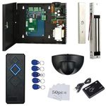 1 Door Access Control Board Systems with Fire Alarm Control Panel Magnetic Lock RFID Reader Exit Motion Sensor Metal Exit Button with Base 110~240V Power Supply USB Enroll Reader RFID Card Key Fob