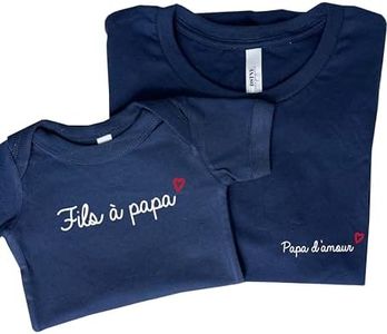 DSTNY Ensemble, fils à papa et papa d'amour, lot body pour bébé et tee-shirt pour adulte, boite à papa, cadeau de naissance, idée cadeau pour la fête des peres (bleu marine, L et 6-12 mois)
