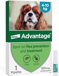 Advantage Spot On Flea Treatment For Medium Dogs 4 - 10 kg (1 pipette, 100mg), Kills Fleas Within 24 Hours, Prevents Further Infestation For Up To Four Weeks