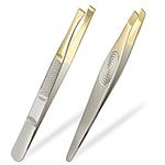 Sularpek Tweezers, 2Pcs Eyebrow Tweezers Set, Stainless Steel Slant Tweezer, Facial Hair Remover for Women and Men