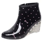 Lazzboy Women Galoshes Wellies Waterproof Rubber Rain Boots Dot Leopard Flower Wedges Mid Heel Ankle/Mid-Calf Boot(6 UK,Black-Pink Dot Ankle)