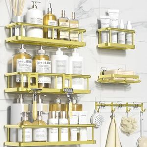 YASONIC Shower Caddy, 6 Pack Large Capacity Bath Organizer with Soap Holder and 12 Hooks, Rustproof Shower Shelves for Inside Shower, No Drilling&Sleek Bathroom Organizers and Storage Gold