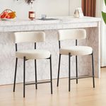 Furnilivng 24'' Bar Stools Set of 2, Modern Boucle Counter Height Bar Stools with Curved Back and Black Metal Frame, Upholstered Kitchen Stools, Barstools for Kitchen Island, Bar, Dining Room, White