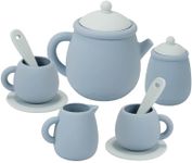 11 Piece Silicone Toy Tea Set - Teapot, Teacups & Saucers, Spoons, Sugar and Milk Jug - Pretend Play for Babies and Toddlers (Blue)